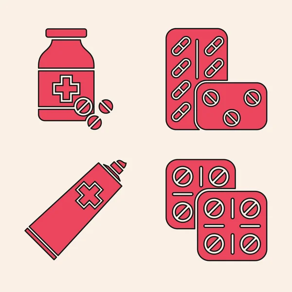 Встановіть таблетки в блістерній упаковці, пляшку ліків та таблетки, таблетки в блістерній упаковці та піктограму медицини для крему для мазей. Векторні — стоковий вектор