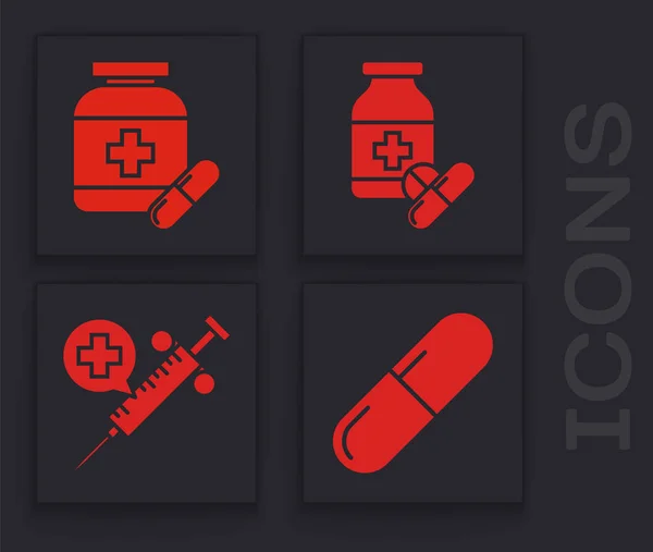 Set Medikamentenpille oder Tablette, Medikamentenflasche und Tabletten, Medikamentenflasche und Tabletten und medizinische Spritze mit Nadelsymbol. Vektor — Stockvektor