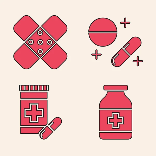 Szett gyógyszer palack, keresztkötés vakolat, gyógyszer tabletta vagy tabletta és gyógyszer palack és tabletták ikon. Vektor — Stock Vector