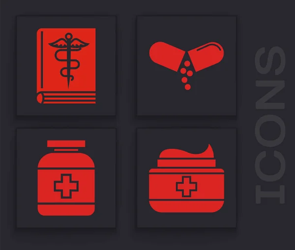 Állítsa kenőcs krém cső gyógyszer, orvosi könyv, gyógyszer tabletta vagy tabletta és gyógyszer palack ikon. Vektor — Stock Vector