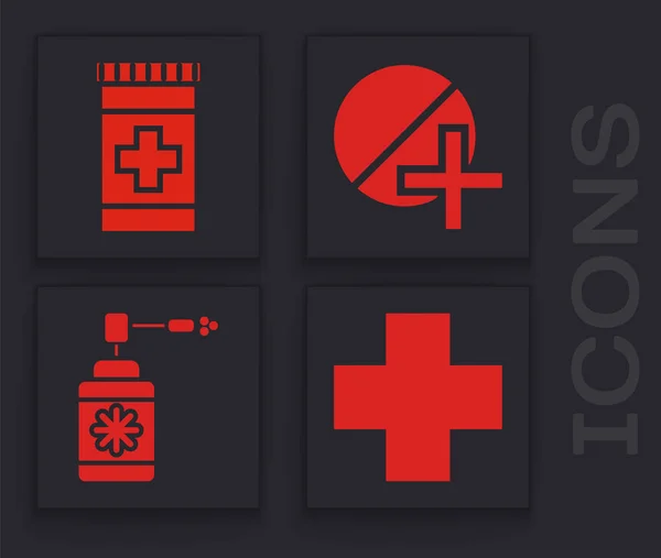 Set Cross hôpital médical, flacon de médecine, pilule ou comprimé de médecine et flacon médical avec icône de pulvérisation de buse. Vecteur — Image vectorielle