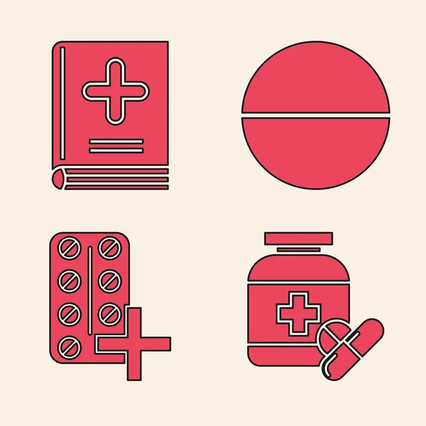 Set Flacon et pilules de médecine, livre médical, pilule ou comprimé de médecine et pilules sous blister icône de l'emballage. Vecteur — Image vectorielle