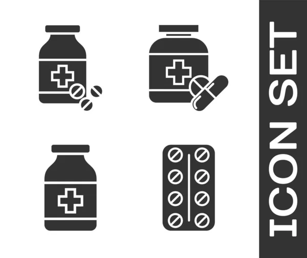 Nastavit pilulky v blistru balení, Lék láhev a pilulky, Lék láhev a Lék láhev a pilulky ikonu. Vektor — Stockový vektor