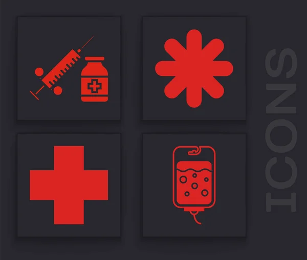 Set iv bag, medizinische Spritze mit Nadel und Fläschchen oder Ampulle, krankenhausübergreifende medizinische und krankenhausübergreifende medizinische Ikone. Vektor — Stockvektor