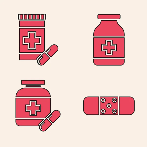 Set pleister, Medicijn fles en pillen, Medicijn fles en Medicijn fles en pillen pictogram. Vector — Stockvector