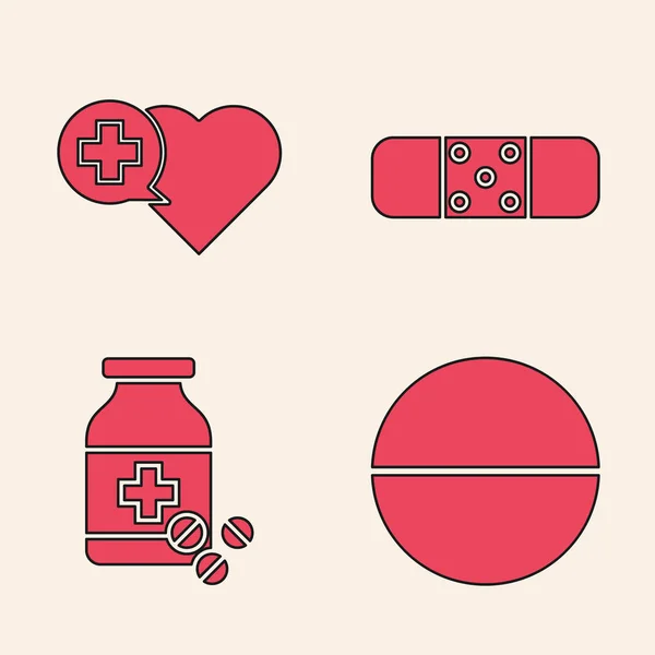 Σετ φάρμακο χάπι ή δισκίο, Καρδιά με ένα σταυρό, επίδεσμο γύψο και φάρμακο μπουκάλι και χάπια εικονίδιο. Διάνυσμα — Διανυσματικό Αρχείο