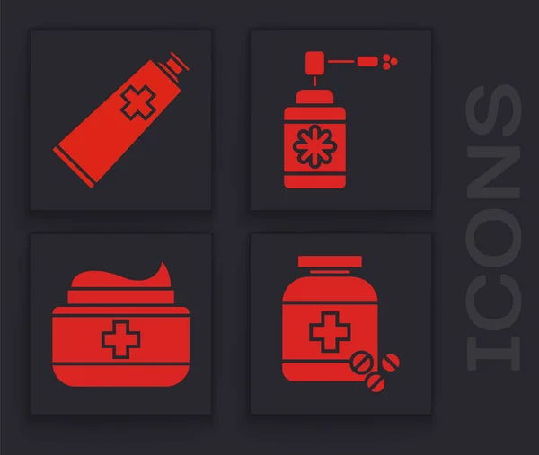 Set Medizinflasche und Tabletten, Salbe Creme Tube Medizin, medizinische Flasche mit Düsenspray und Salbe Creme Tube Medizin-Symbol. Vektor — Stockvektor