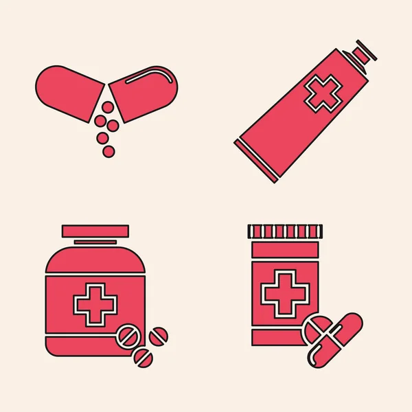 Set Flacon et pilules de médecine, pilule ou comprimé de médecine, médecine de tube de crème pommade et bouteille de médecine et icône de pilules. Vecteur — Image vectorielle