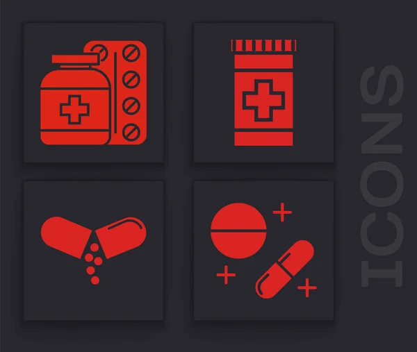 Set Medikamentenpille oder Tablette, Medikamentenflasche und Tabletten, Medikamentenflasche und Medikamentenpille oder Tablettensymbol. Vektor — Stockvektor