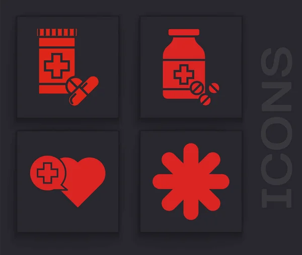 Set kreuz krankenhaus medizinische, medikamentenflasche und tabletten, medikamentenflasche und tabletten und herz mit einem kreuz-symbol. Vektor — Stockvektor