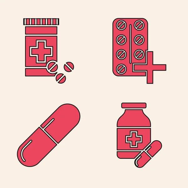 Állítsa gyógyszer palack és tabletták, gyógyszer palack és tabletták, tabletták buborékcsomagolásban és gyógyszer tabletta vagy tabletta ikon. Vektor — Stock Vector