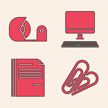 Klavye ve Dosya belge simgesi ile ataç, Scotch, Bilgisayar monitörünü ayarla. Vektör