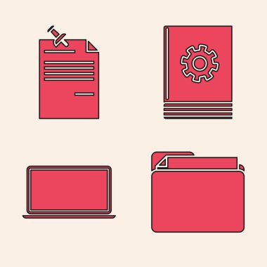 Belge dizinini, iğnelenmiş düğmeli not kağıdını, Kullanıcı el kitabını ve dizüstü simgesini ayarla. Vektör