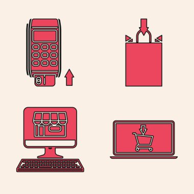 Alışveriş arabasını ekran laptopuna, Pos terminalini eklenmiş kredi kartına, kağıt alışveriş çantasına ve alışveriş binasını ekran bilgisayar simgesine ayarla. Vektör
