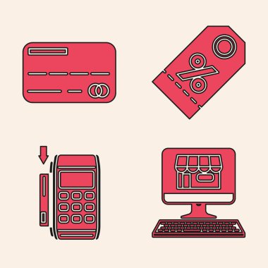 Alışveriş binasını ekran bilgisayarına, kredi kartına, indirimli yüzde etiketine ve eklenmiş kredi kartı simgesiyle Pos terminaline ayarla. Vektör