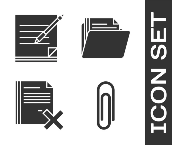 Set Paper clip, Blank notebook and pen, Delete file document and Document folder icon. Vector — 스톡 벡터