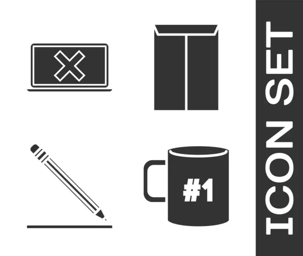 Set Kaffeetasse flach, Laptop und Kreuzzeichen auf dem Bildschirm, Bleistift mit Radiergummi und Zeilen- und Umschlagsymbol. Vektor — Stockvektor