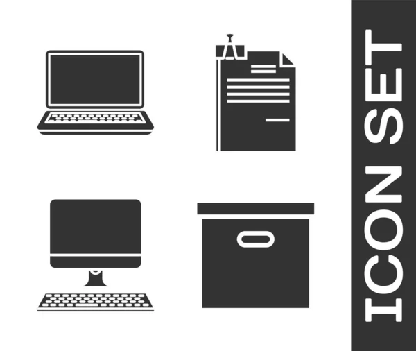 Ustaw kartonowe pudełko kartonowe, laptop, monitor komputerowy z klawiaturą i dokumentem plików oraz ikonę klipu segregatorowego. Wektor — Wektor stockowy