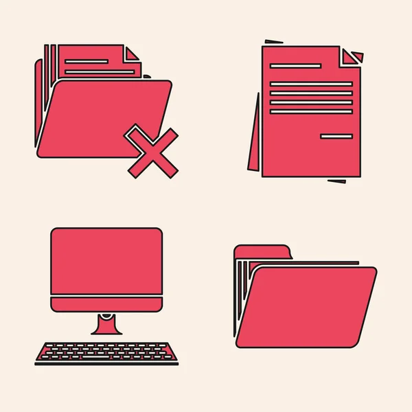 Set Document folder, Delete folder, File document and Computer monitor with keyboard icon. Vector — 스톡 벡터