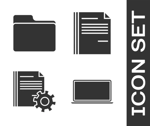 Defina Laptop, pasta de documentos, configurações de documentos com engrenagens e ícone de documento de arquivo. Vetor —  Vetores de Stock