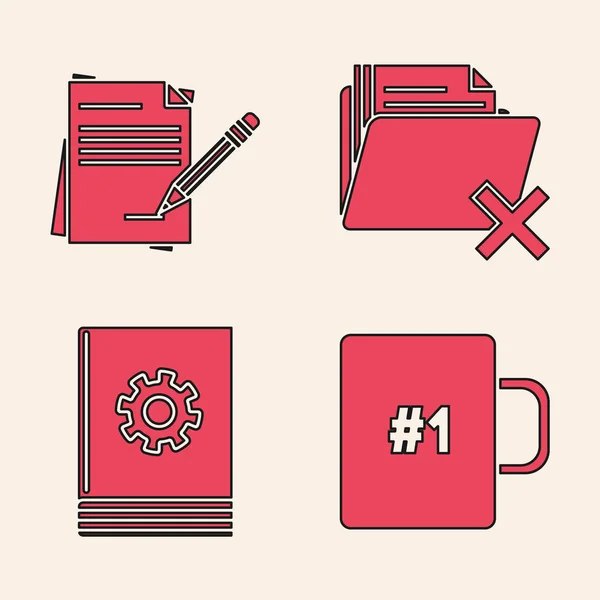 Conjunto de taza de café, Cuaderno en blanco y lápiz con borrador, Borrar carpeta y el icono del manual del usuario. Vector — Archivo Imágenes Vectoriales