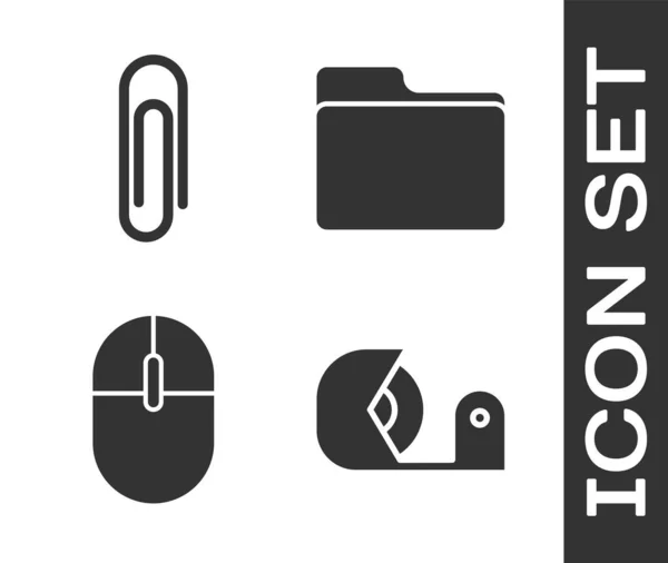 Set Scotch, Paper clip, Computer mouse and Document folder icon. Vector — 스톡 벡터