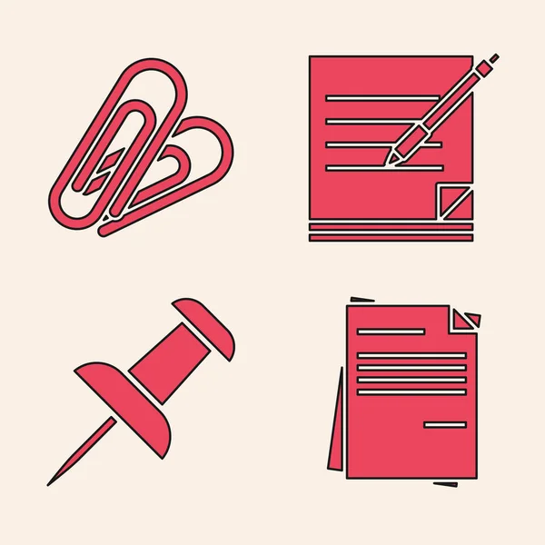 Establecer documento de archivo, clip de papel, cuaderno en blanco y pluma y el icono de Push pin. Vector — Archivo Imágenes Vectoriales