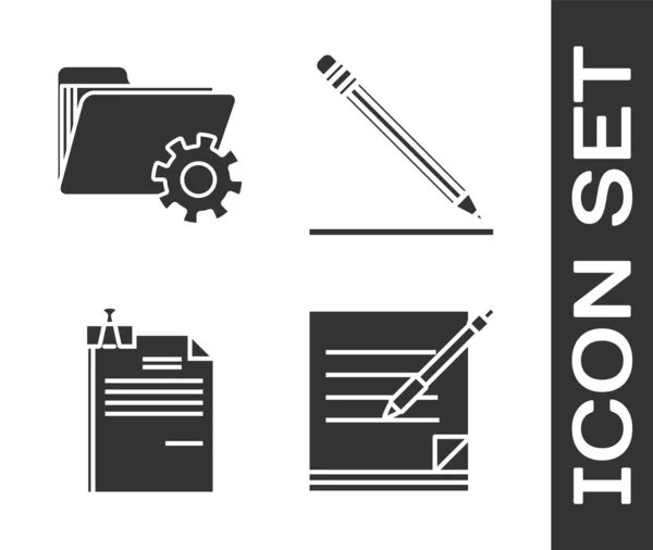 Réglez Bloc-notes et stylo vierges, Réglages de dossier avec engrenages, Document de fichier et clip de reliure et Crayon avec gomme et icône de ligne. Vecteur — Image vectorielle
