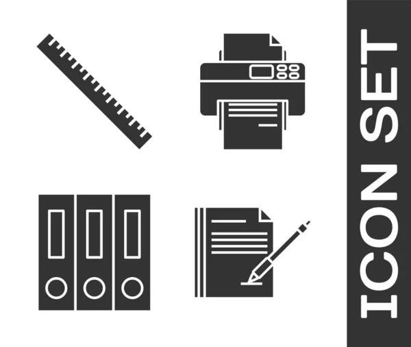 Set Blanco notitieboek en pen, Heerser, Office mappen met papieren en documenten en Printer pictogram. Vector — Stockvector