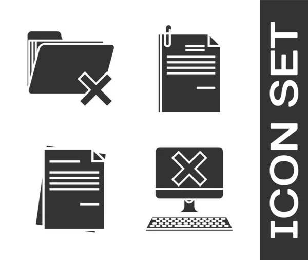 Set Computer with keyboard and x mark, Delete folder, File document and File document and paper clip icon. Vector — Stock Vector