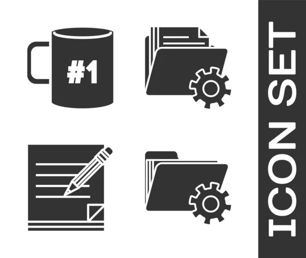 Set Folder instellingen met tandwielen, Koffie beker plat, Blanco notebook en potlood met gum en Folder instellingen met tandwielen pictogram. Vector — Stockvector
