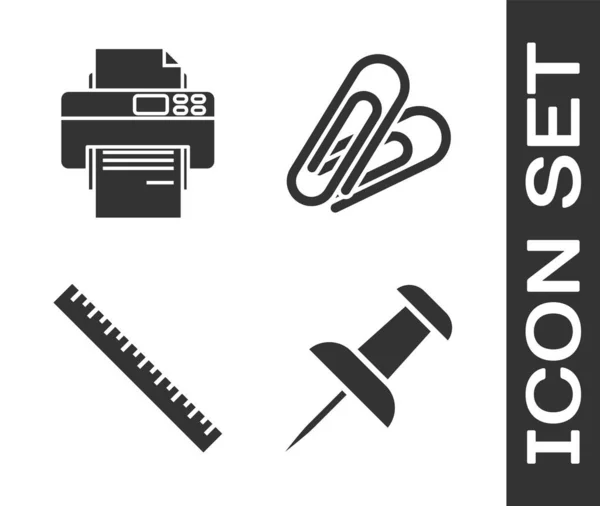 Establecer Pin de empuje, Impresora, Regla y Clip de papel icono. Vector — Archivo Imágenes Vectoriales