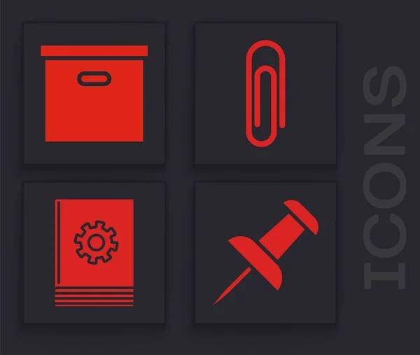 Set Push pin, caja de cartón, clip de papel e icono del manual del usuario. Vector — Vector de stock