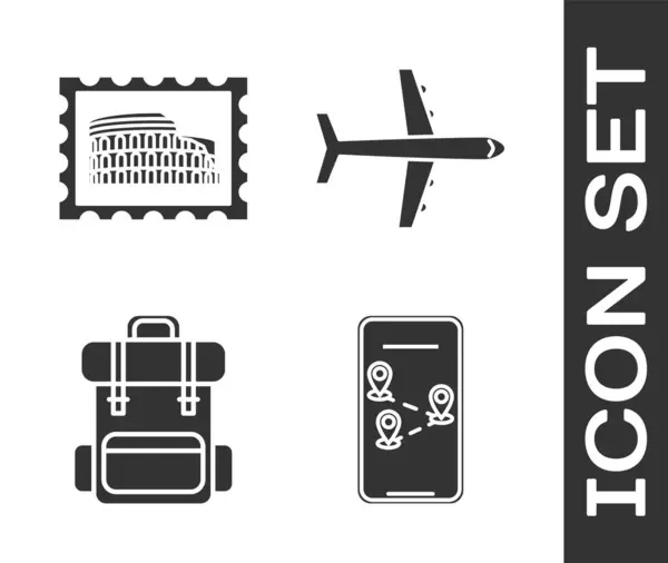 Set Infographic of city map navigation, Postal stamp and Coliseum, Hiking backpack and Plane icon. Вектор — стоковий вектор