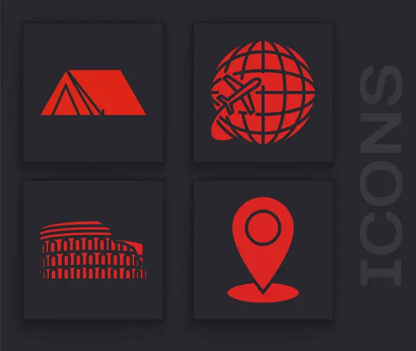 Set Map pin, Tourist tent, Globe з літаючим літаком і Coliseum в Римі, ікона Італії. Вектор — стоковий вектор