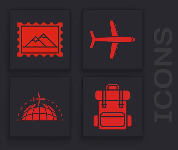 Встановити рюкзак, поштову марку і гори, площину і глобус з іконою літаків. Вектор — стоковий вектор