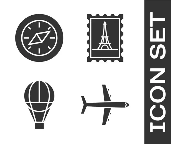 Set Avión, Brújula, Globo de aire caliente y sello postal e icono de la torre Eiffel. Vector — Archivo Imágenes Vectoriales