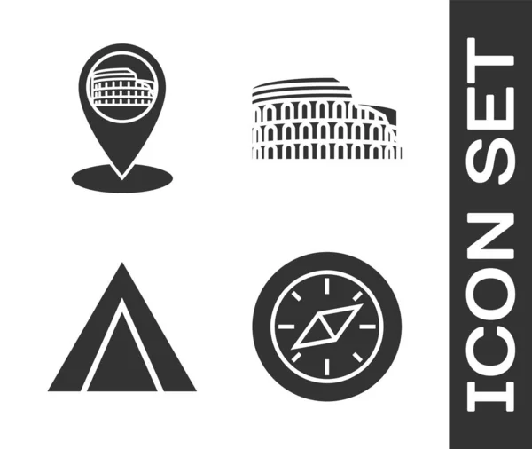 Set Brújula, Mapa con Coliseo en Roma, Italia, Tienda de turismo y Coliseo en Roma, Italia icono. Vector — Archivo Imágenes Vectoriales