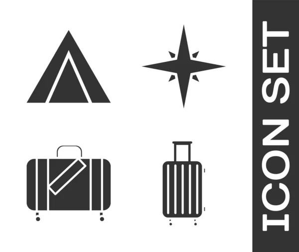 Set Maleta para viajes, Carpa turística, Maleta para viajes y pegatinas e icono de Rosa de viento. Vector — Vector de stock