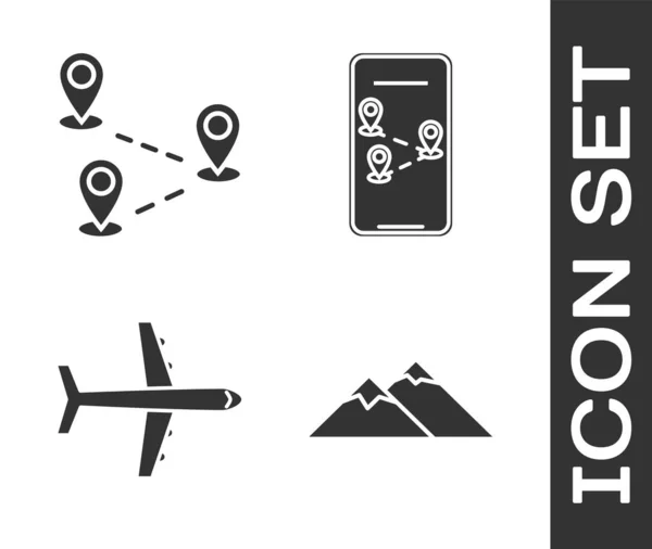 Conjunto Montanhas, Localização da rota, Avião e Infográfico do ícone de navegação do mapa da cidade. Vetor —  Vetores de Stock