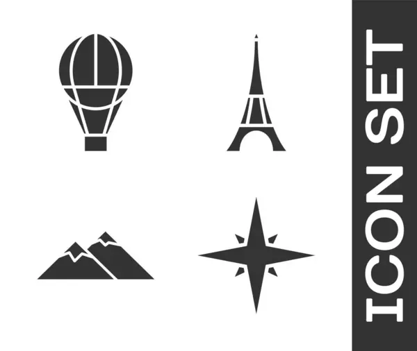 Set Rosa de viento, Globo de aire caliente, Montañas y Torre Eiffel icono. Vector — Archivo Imágenes Vectoriales