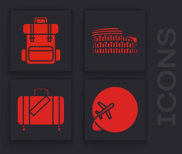 Встановити глобус літаючим літаком, туристичним рюкзаком, Колізеєм у Римі, Італії та валізою для подорожей та наклейки. Вектор — стоковий вектор