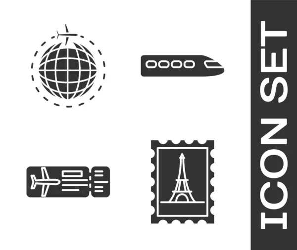 Conjunto sello postal y torre Eiffel, globo con avión volador, billete de avión y tren icono. Vector — Archivo Imágenes Vectoriales