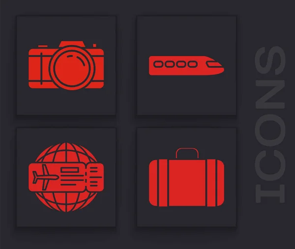 Встановити валізу для подорожей, фотокамеру, ікону для квитків Train та Airline. Вектор — стоковий вектор