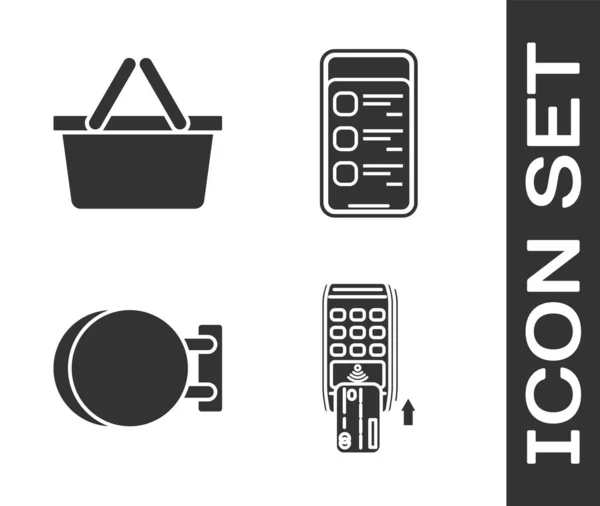 Set Pos terminal met ingevoegde creditcard, Winkelwagen, Pictogrambord opknoping en Online winkelen op mobiele telefoon pictogram. Vector — Stockvector