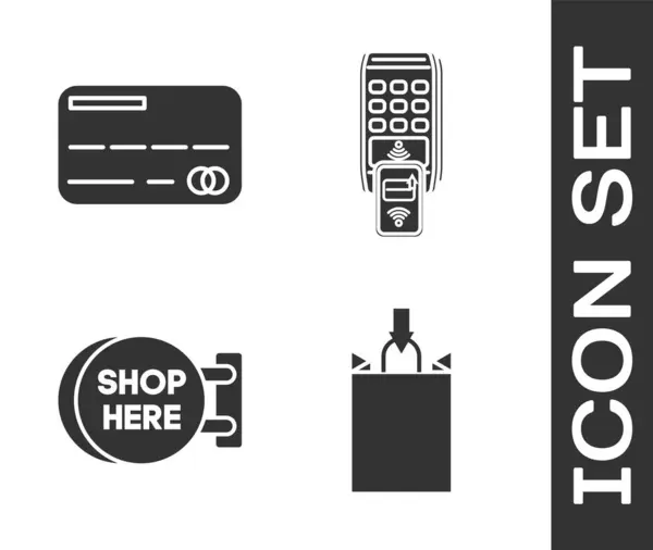 Set Papperspåse, Kreditkort, Skylt hängande med en inskription butik här och Pos terminal med tryckt kvitto och bekräftar betalningen via smartphone ikonen. Vektor — Stock vektor