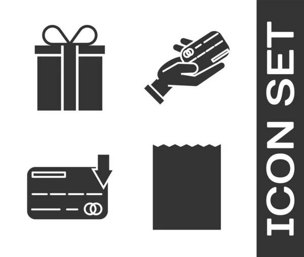 Set Bolsa de compras de papel, caja de regalo, tarjeta de crédito y mano humana con icono de tarjeta de crédito. Vector — Vector de stock