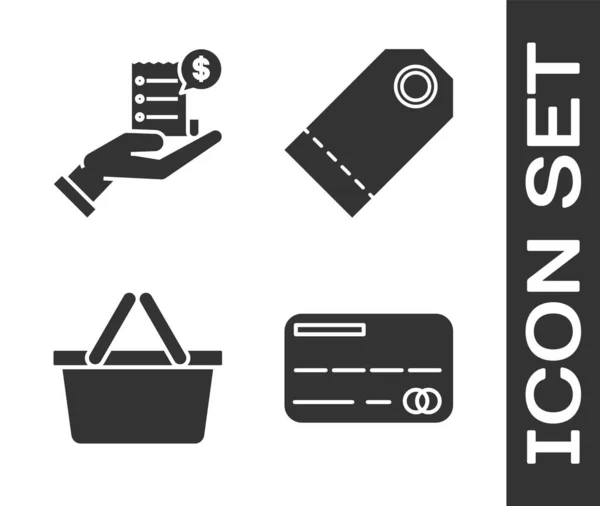 Set Creditcard, Human hand holding met blanco ontvangst of factuur voor de betaling, Winkelwagen en Blanco label sjabloon prijskaartje pictogram. Vector — Stockvector