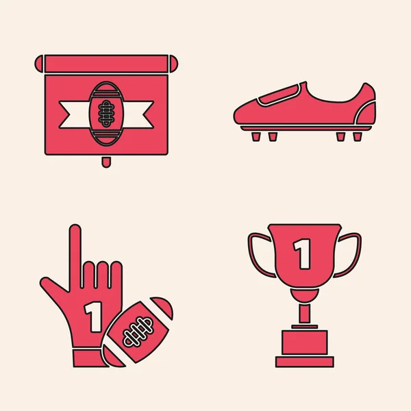 Set award cup, American Football im Fernsehen, Fußball- oder Fußballschuhe mit Spikes und Nummer 1 Fan-Handschuh mit erhobenem Finger und American Football Ball Ikone. Vektor — Stockvektor