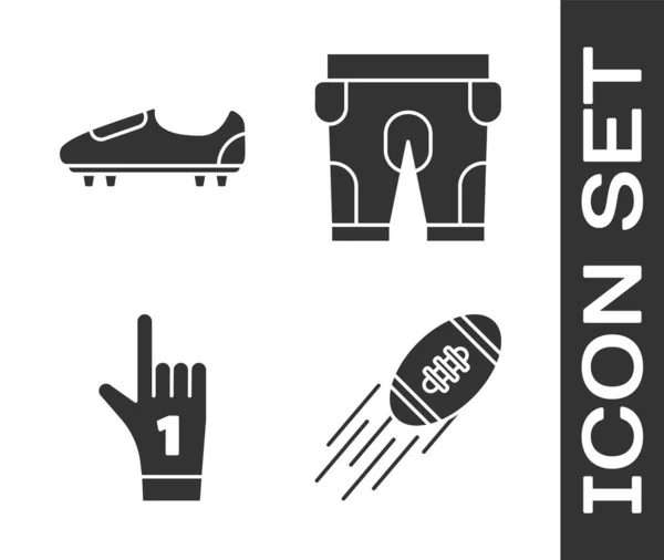 Set American Football ball, chaussures de football ou de football avec des pointes, numéro 1 ventilateur main gant avec doigt levé et American football shorts icône. Vecteur — Image vectorielle